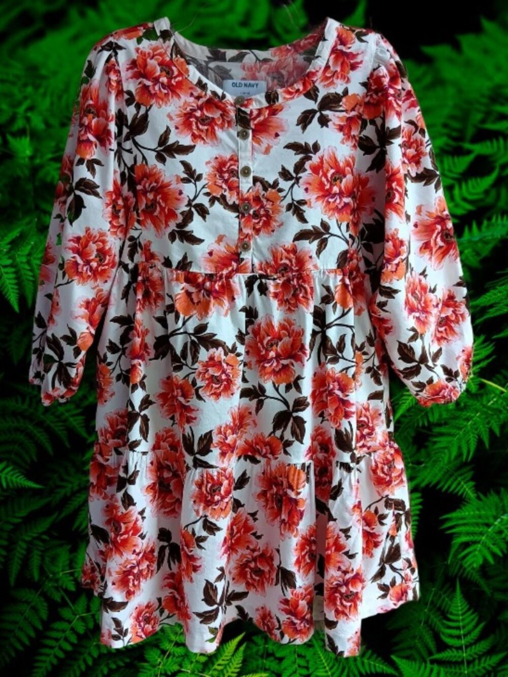 Old Navy Big Girls Dress Fit-and Flare 3/4 Sleeves White Floral Print Size L